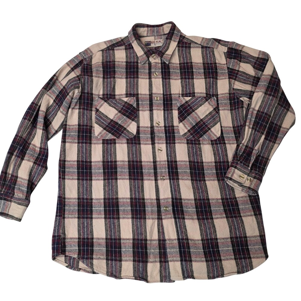 Big Mac‎ Heavy Flannel Shirt Mens Large Cream Burgundy Plaid Cotton Workwear GUC